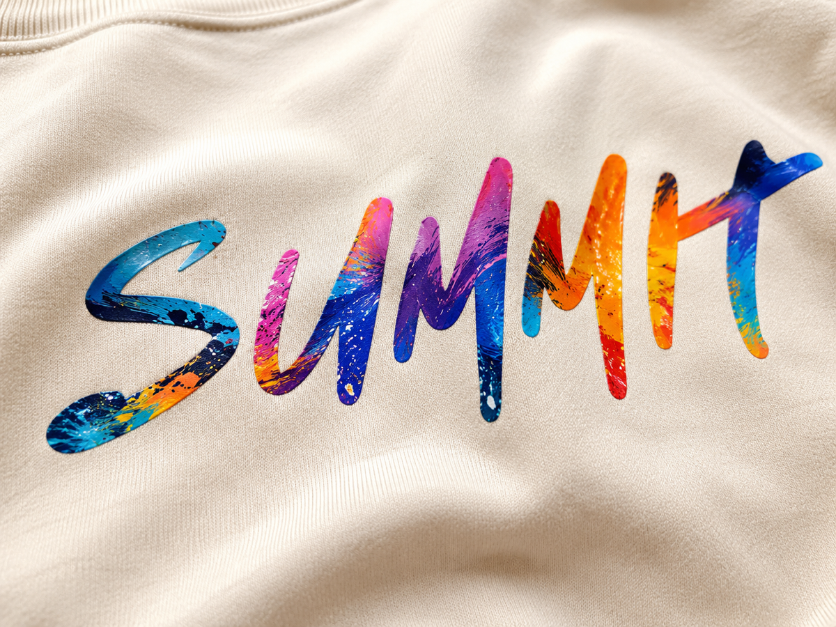 Colorful DTF printed design on a cream sweatshirt