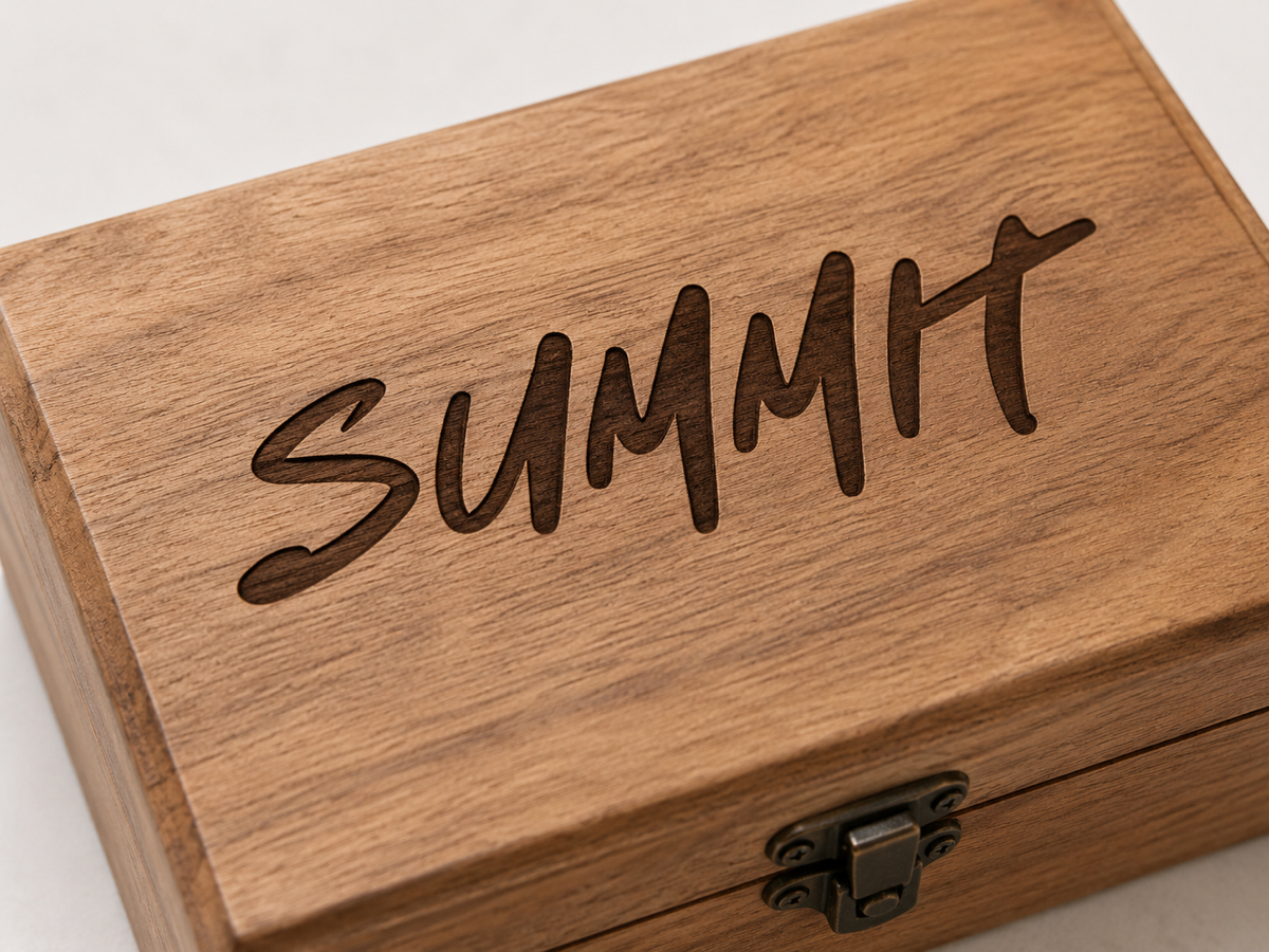 Dark laser engraved Summit logo on a wooden box