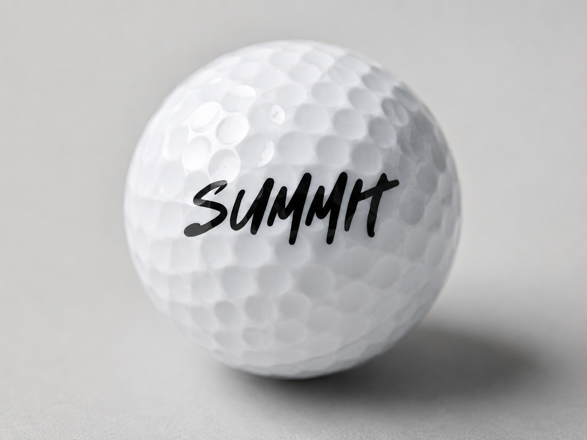 Black Summit mark printed on a white golf ball