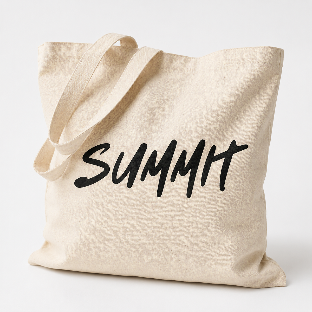 Black screen-printed Summit logo on a natural canvas tote