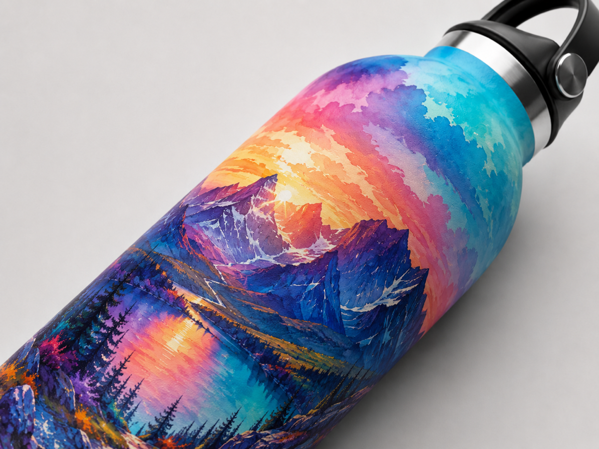 Colorful sublimated artwork covering an insulated bottle