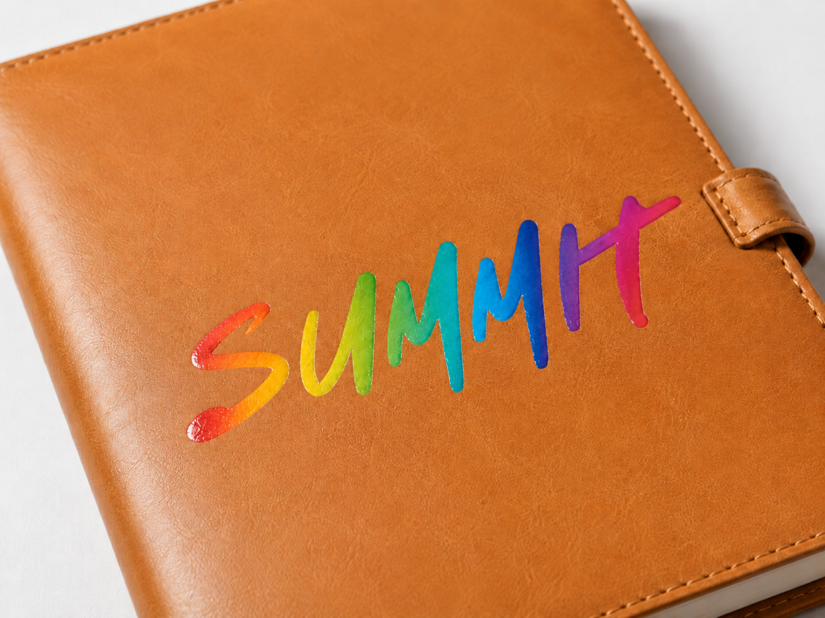Colorful Summit mark UV printed on a leather notebook