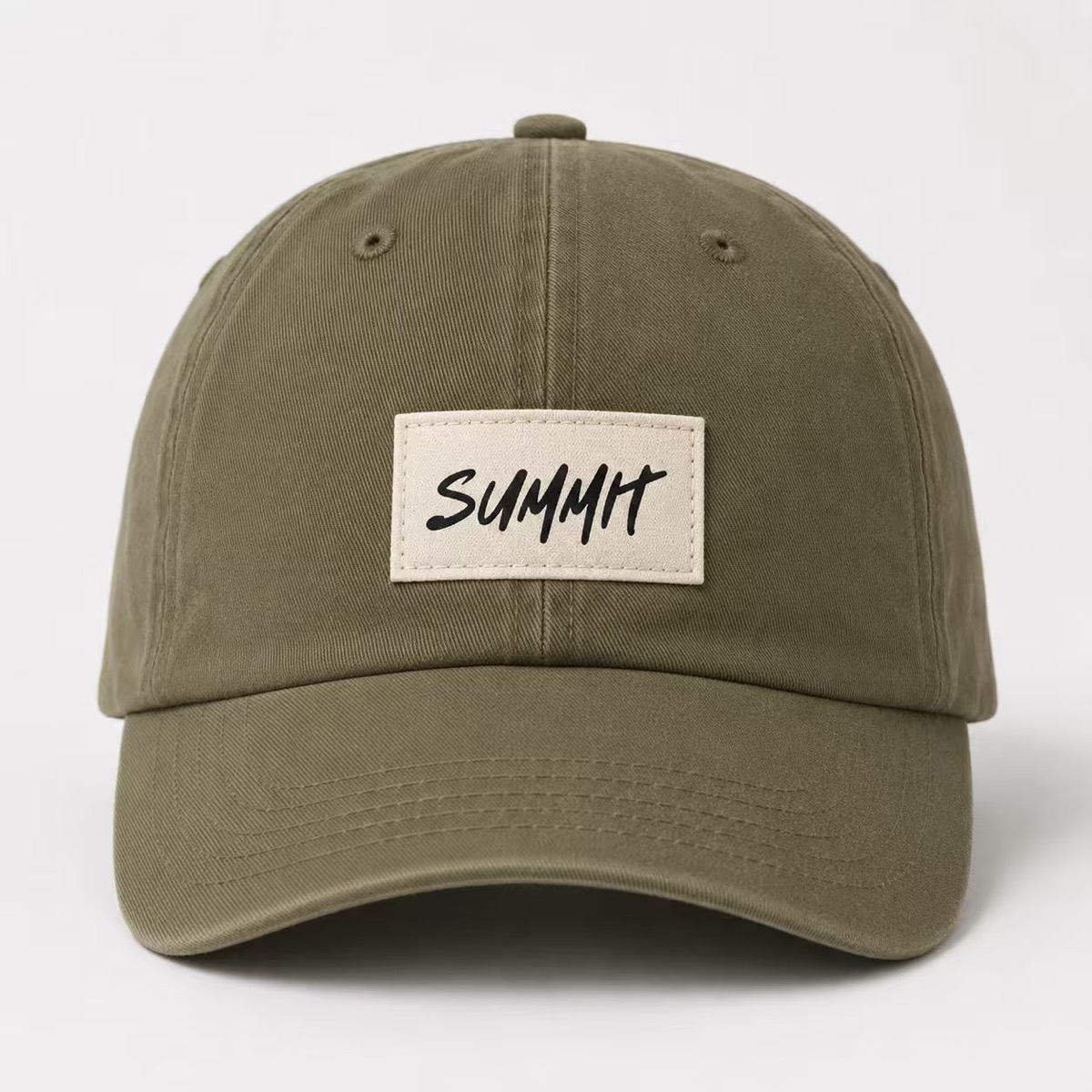 Woven Summit label on an olive cap
