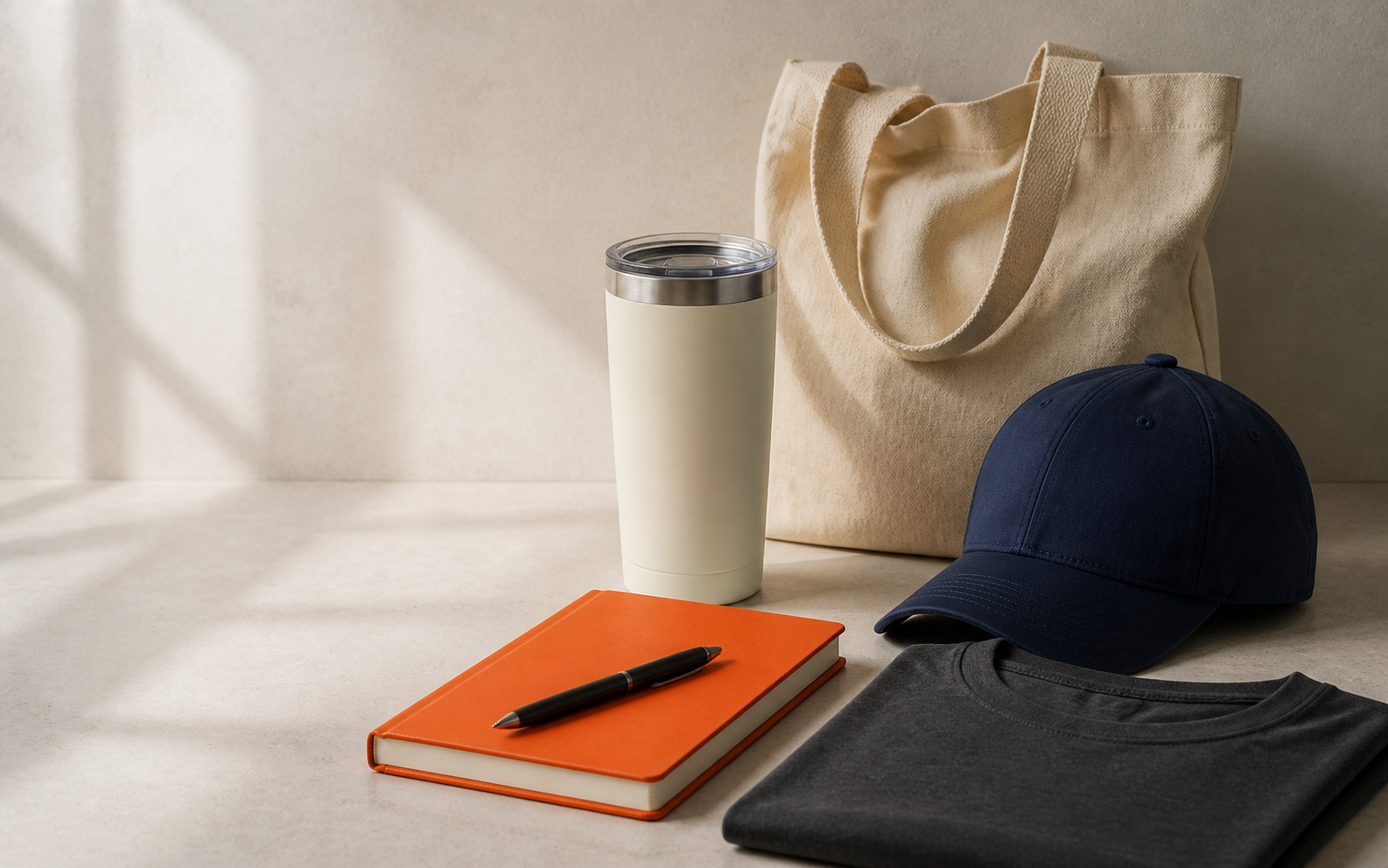 Custom promotional products arranged in a studio setting