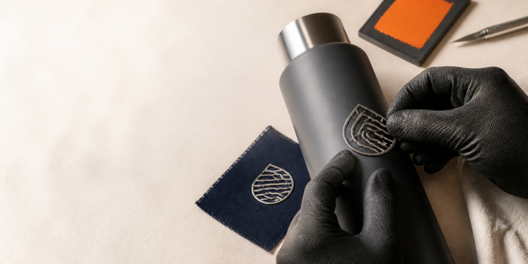 A maker applying a metal mark to a matte insulated bottle