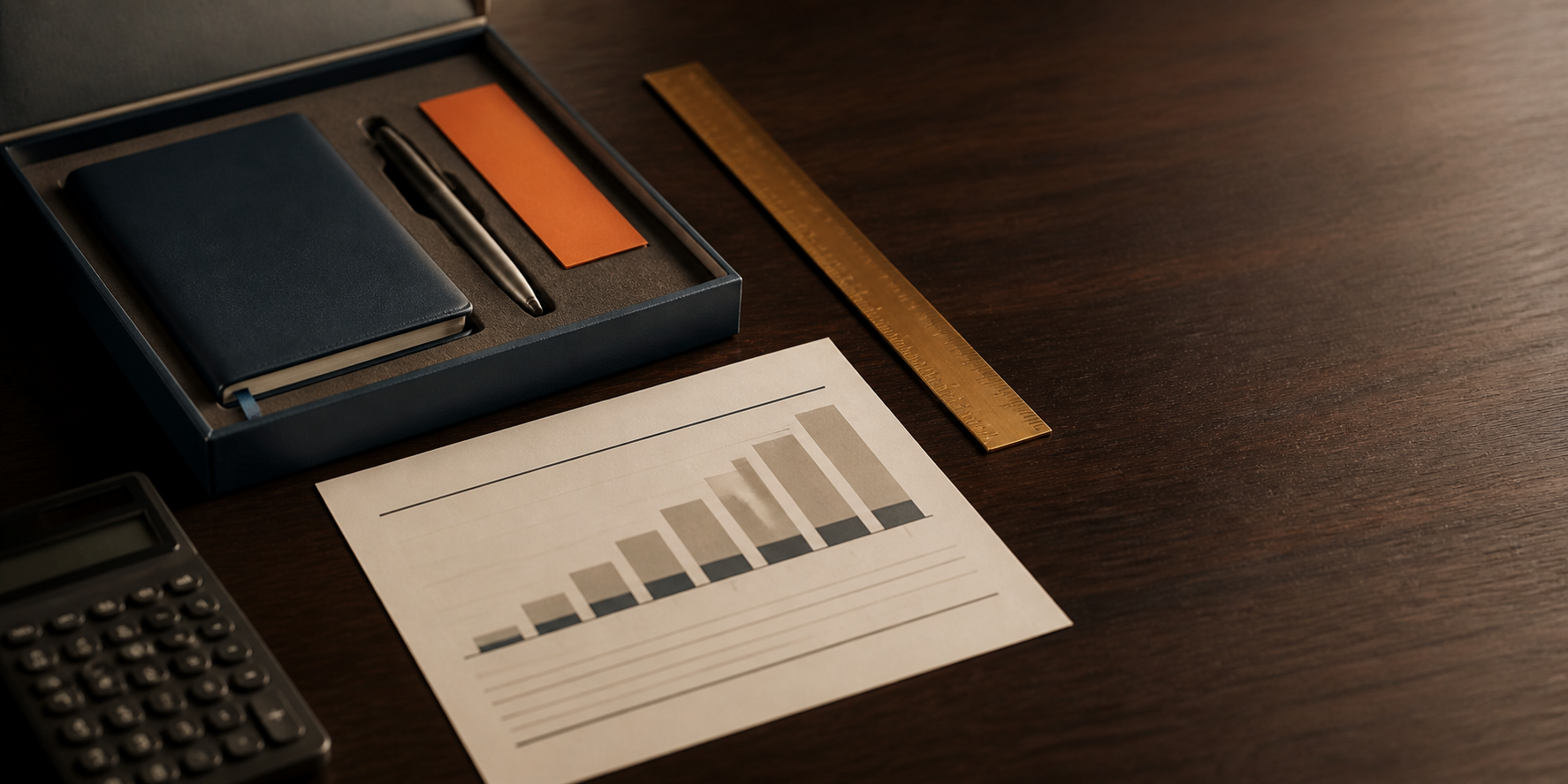 A presentation box, abstract quantity chart, ruler, and calculator on a dark wood desk