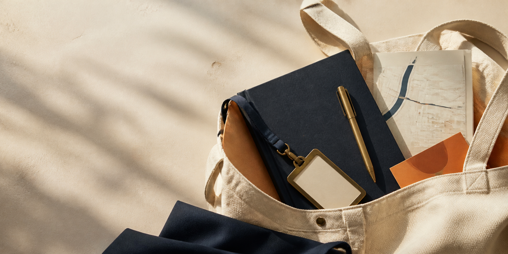 A tote bag arranged with a notebook, pen, badge, and event materials